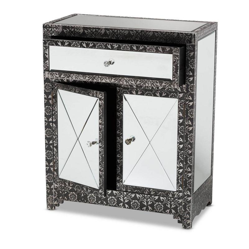 Wycliff Metal and Mirrored Glass 1 Drawer Sideboard Buffet Dark Gray/Silver - Baxton Studio: Embossed Trim, Fully Assembled