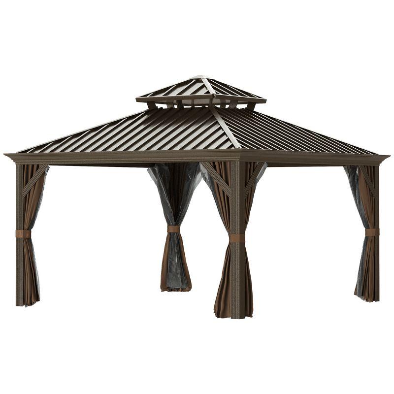 Outsunny Patio Gazebo, Netting & Curtains, 2 Tier Double Vented Steel Roof, Hardtop, Ceiling Hooks, Rust Proof Aluminum