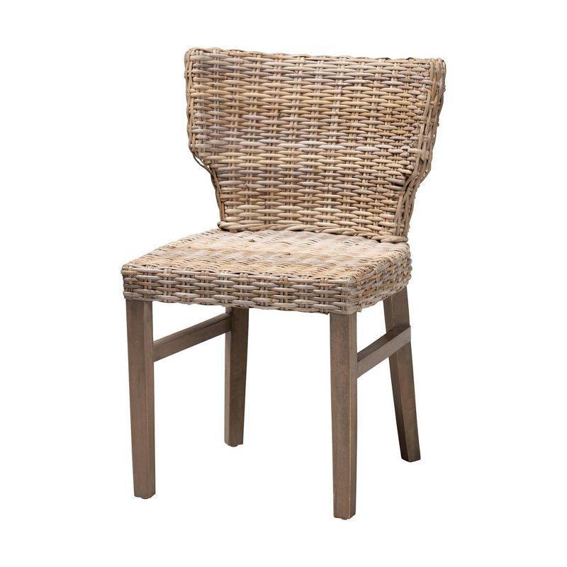 Rattan and Mahogany Wood Side Chair in Gray