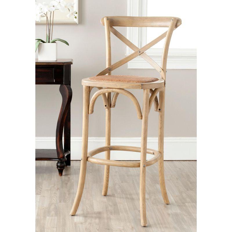 Transitional Weathered Oak Cross-Back Bar Stool with Rattan Seat