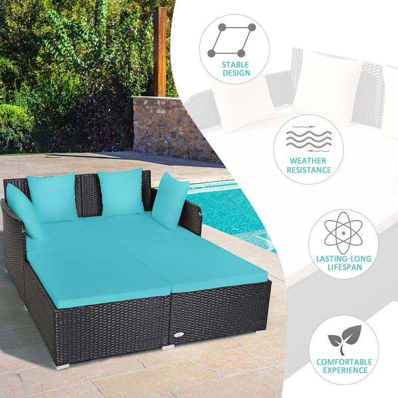 Costway Outdoor Patio Rattan Daybed Pillows Cushioned Sofa Furniture Turquoise