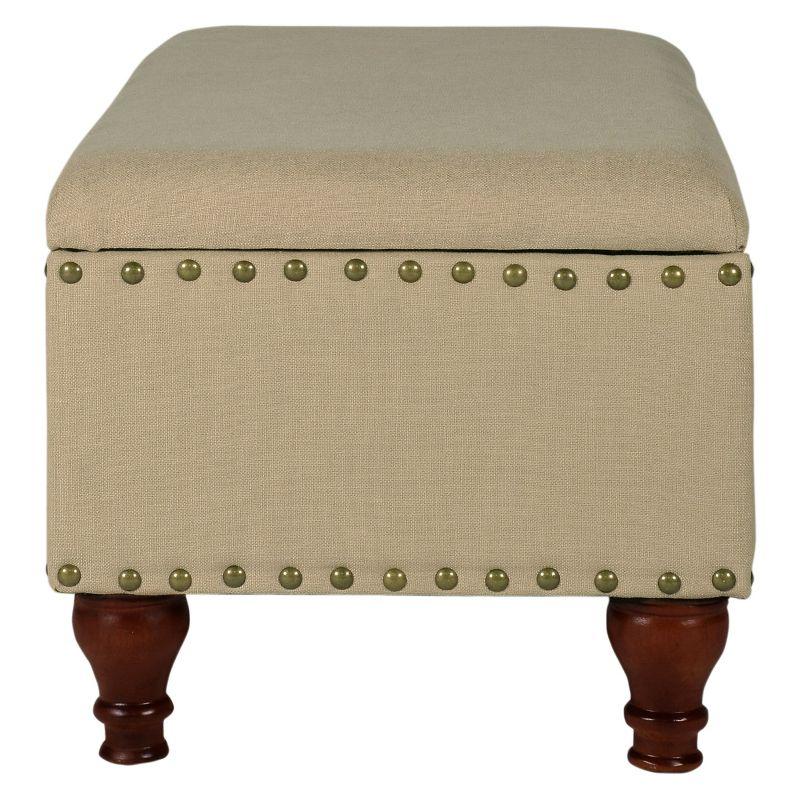 Elegant Tan Upholstered Storage Bench with Nailhead Trim and Wood Legs