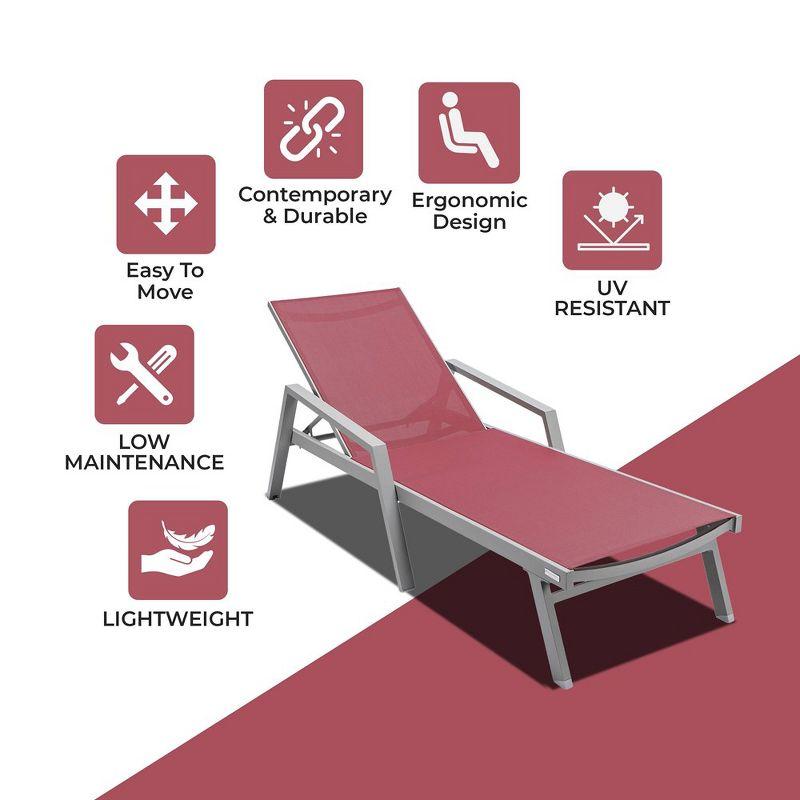 LeisureMod Marlin Patio Sling Chaise Lounge Chair With Arms in Grey Aluminum, Burgundy