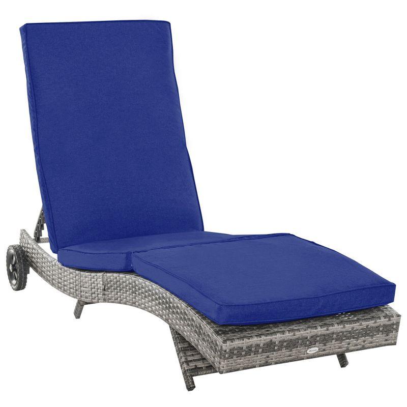 Outsunny Patio Wicker Chaise Lounge Chair, Outdoor PE Rattan Sun Lounger w/ 5-Level Adjustable Backrest & 2 Wheels for Easy Movement, Dark Blue