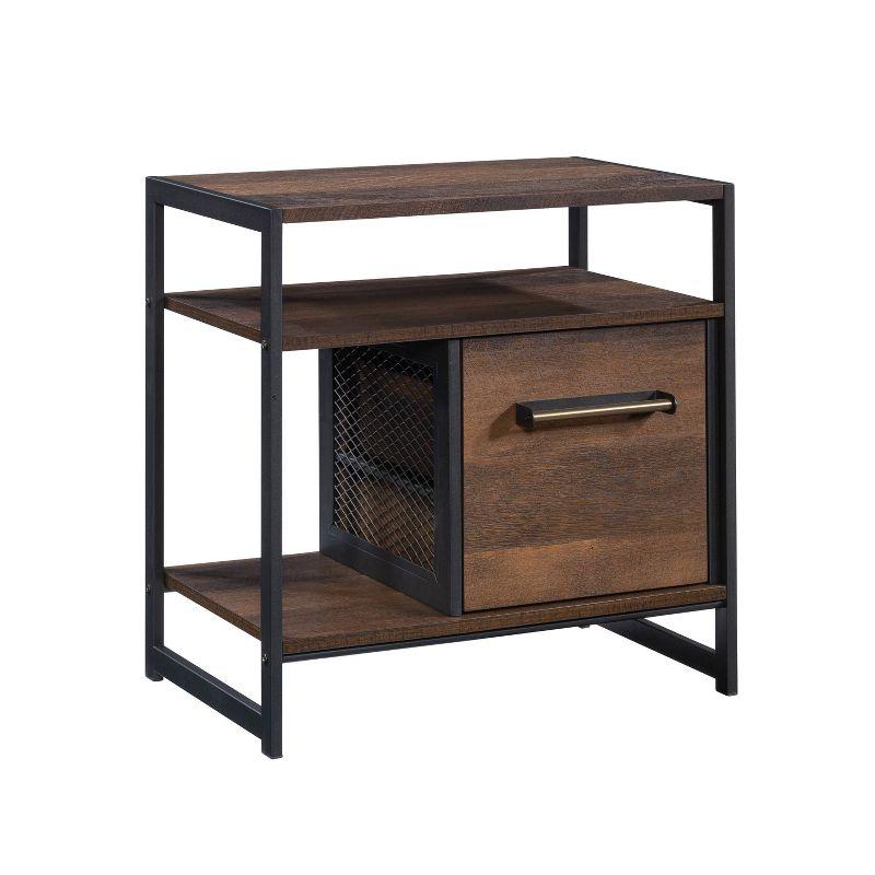 Barrel Oak and Metal Frame Nightstand with Drawer