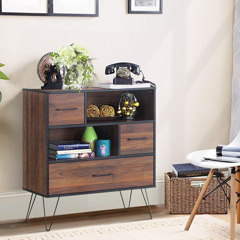 Walnut Multipurpose Sideboard Storage Cabinet with Metal Legs and Drawers