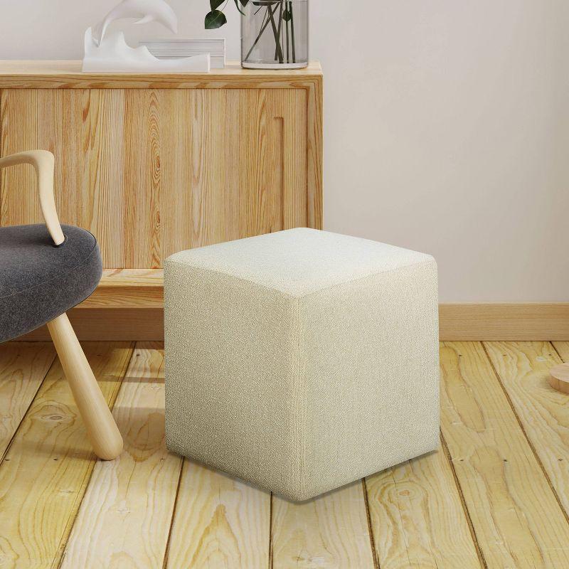 Ivory Boucle Square Ottoman with Rubberwood Frame