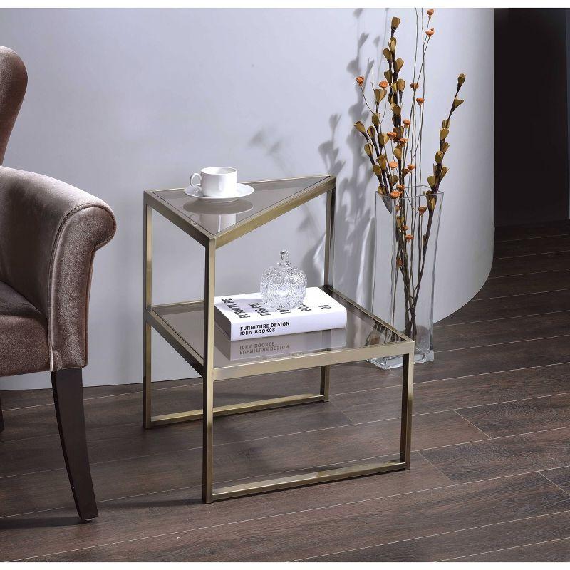 18" Treva Accent Table Smoky Glass/Antique Gold Finish - Acme Furniture: Triangle Shape, Open Shelf, No Tools Assembly