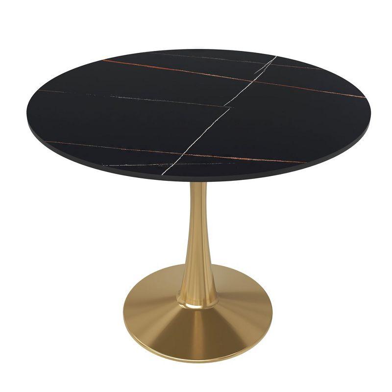 LeisureMod Bristol 35" Round Dining Table – Sintered Stone Top Accent Café Table & Sturdy Steel Gold Pedestal Base for Kitchen and Small Spaces