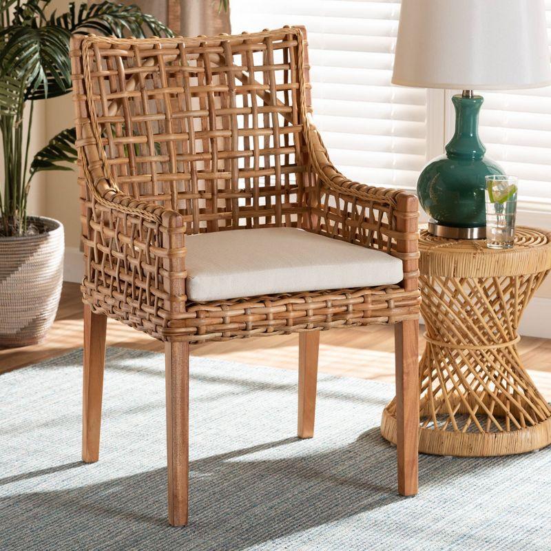 bali & pari Saoka Wood and Rattan Armchair Natural Brown/White: Polyester Upholstered, No Assembly Required