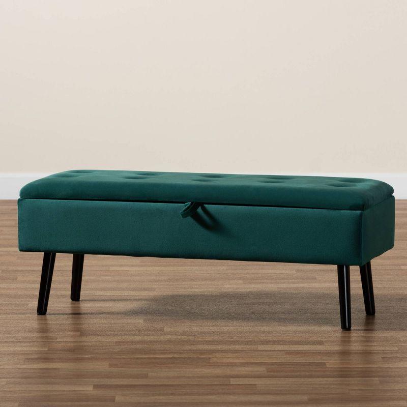 Caine Green Velvet Upholstered Storage Bench with Dark Wood Legs