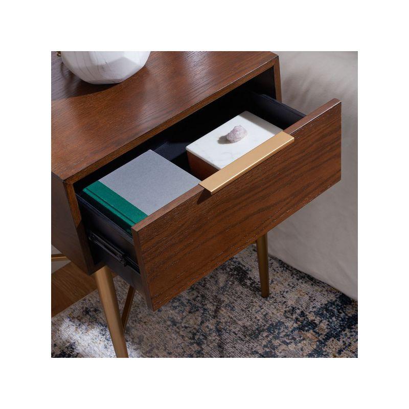 Pierre Sleek Gold Metal and Walnut One Drawer Nightstand