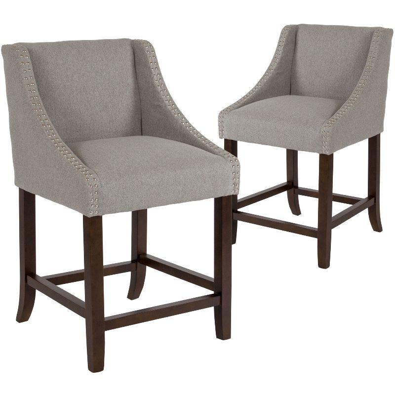Merrick Lane 24 Inch Walnut Counter Height Stool with Nailhead Trim in Light Gray Fabric - Set of 2