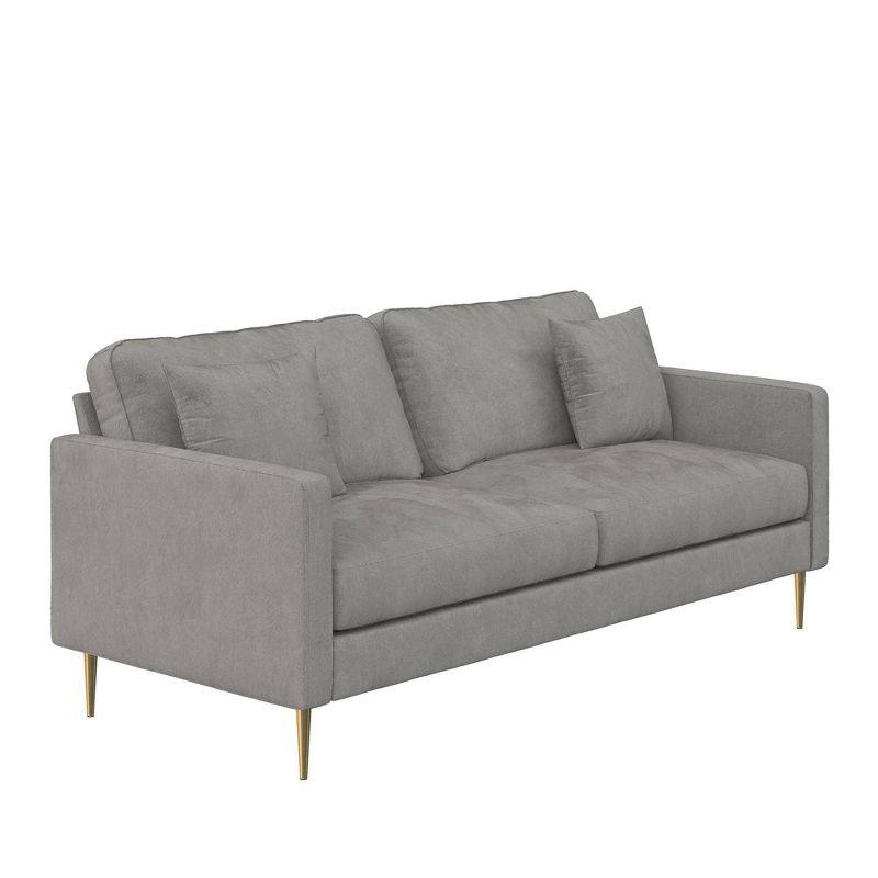 Chic Gray Velvet Sofa with Gold Metal Legs and Accent Pillows