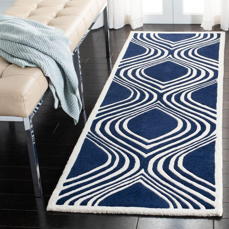 Dark Blue and Ivory Hand-Tufted Wool Runner Rug