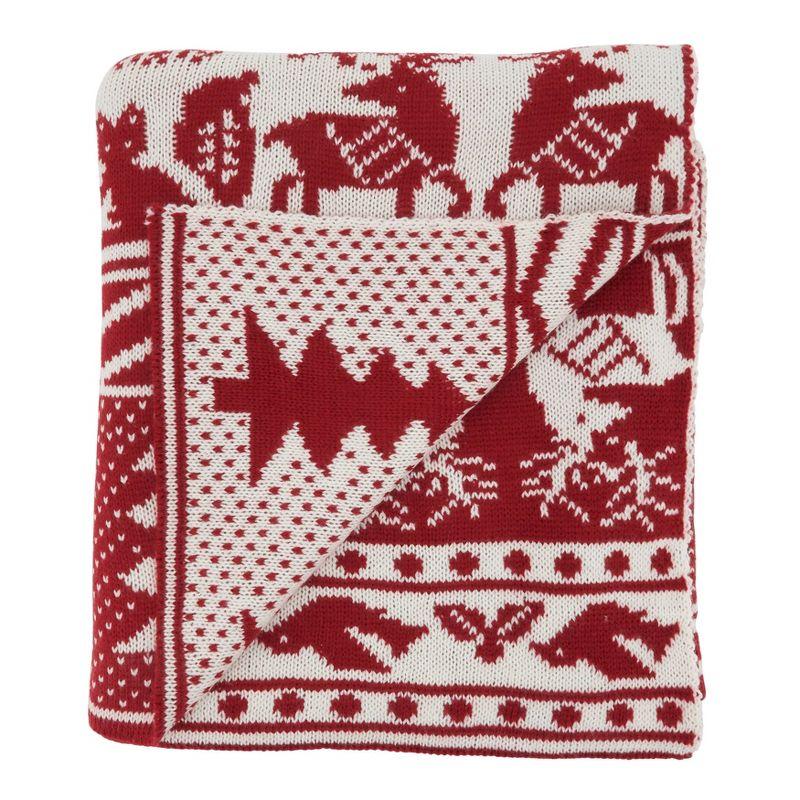 50"x60" Reindeer & Christmas Tree Knit Throw Blanket Red - Saro Lifestyle: Cozy Holiday Decor, Festive Warmth