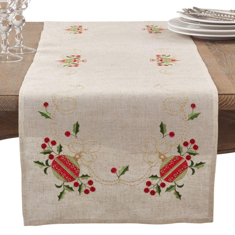 Saro Lifestyle Embroidered Ornament Holly Design Holiday Linen Blend Table Runner