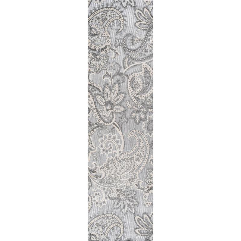 2'x8' Gordes Paisley High-Low Indoor/Outdoor Area Rug, Light Gray - JONATHAN Y