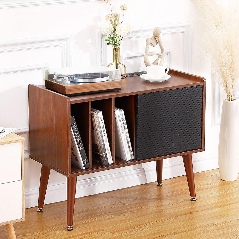 Record Player Stand with Charging Station, Vinyl Record Storage Cabinet with Sliding Door