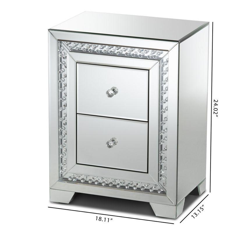 Mina Mirrored 2 Drawer Nightstand Bedside Table Silver - BaxtonStudio: Glamorous, Fully Assembled, Crystal Accents