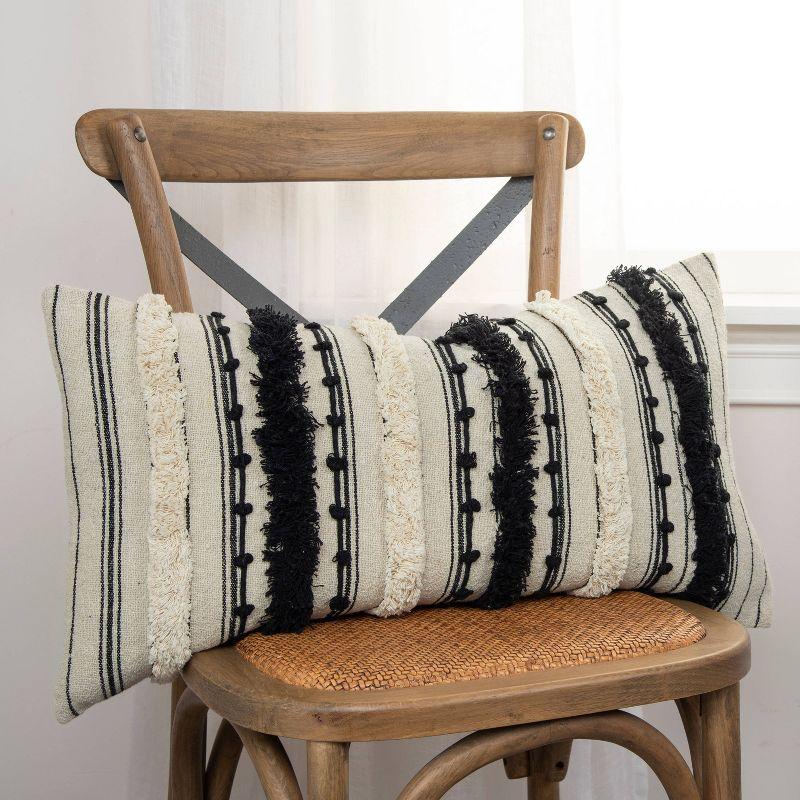 14"x26" Oversized Poly-Filled Striped Lumbar Throw Pillow Black/Ivory - Rizzy Home: Nautical Canvas, Zipper Closure