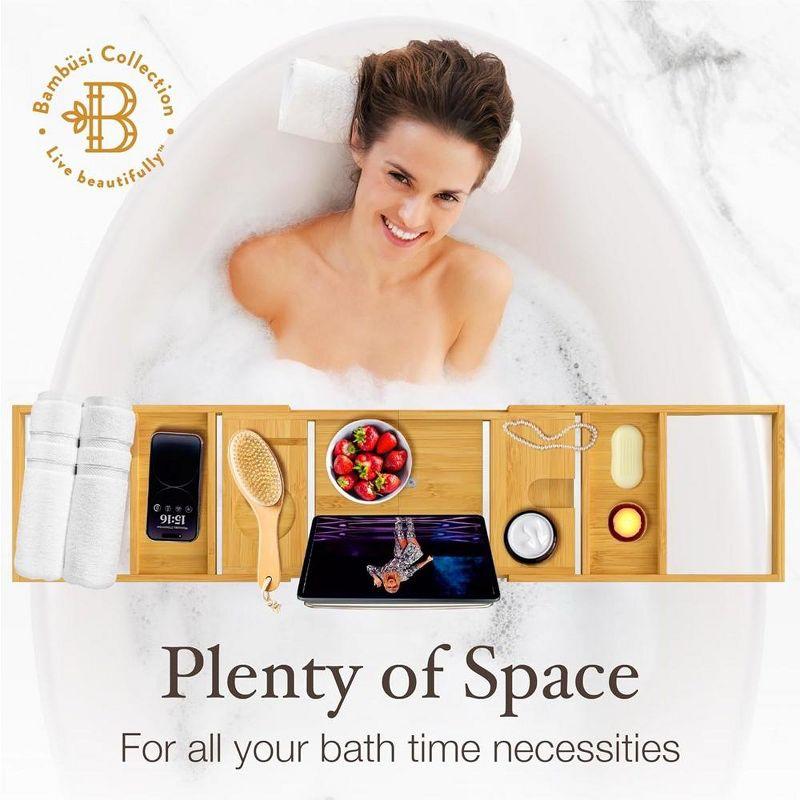 Bathtub Tray for Tub - Bamboo Expandable Bath Tray with Wine, Book & Tablet Holder, Luxurious Tub Tray, Bath Caddy, Foldable, Christmas Gift (Natural)