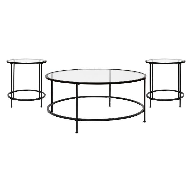 Flash Furniture Astoria Collection Coffee and End Table Set - Clear Glass Top with Round Matte Black Frame - 3 Piece Occasional Table Set