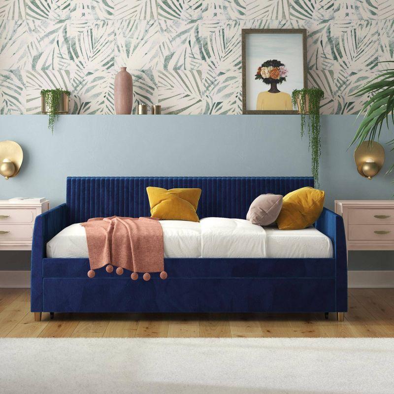 Twin Blue Velvet Upholstered Daybed with Trundle and Tufted Headboard