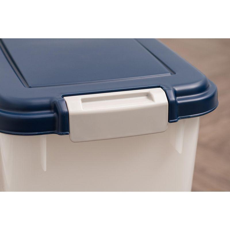 IRIS USA 37.5 Lbs / 47 Qt WeatherPro Airtight Pet Food Storage Container with Attachable Casters, Navy/Pearl