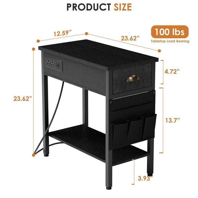 Black End Table with Charging Station- Flip Top Narrow Side Tables With Storage Drawers for Living Room Bedroom Office Small Spaces