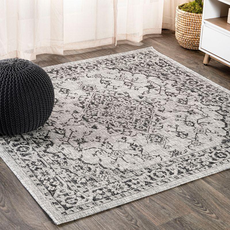 5' Square Rozetta Boho Medallion Textured Weave Indoor/Outdoor Area Rug, Gray/Black - JONATHAN Y