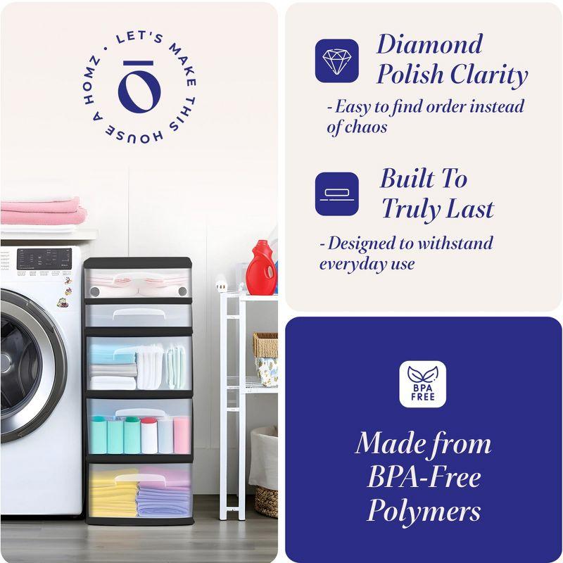 Homz Plastic 5 Clear Drawer Medium Home Closet Organizer Storage Container Tower with 3 Large Drawers and 2 Small Drawers, Black Frame