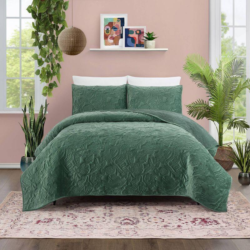 Emerald Green Velvet Full Quilt Set with Botanical Motif