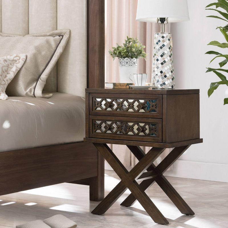 Walnut Mirrored Diamond Filigree 2-Drawer X Base Nightstand