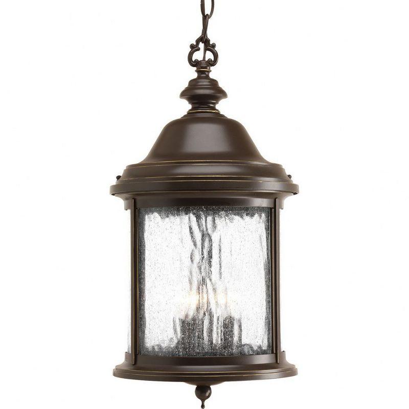 Progress Lighting Ashmore 3-Light Outdoor Hanging Lantern in Antique Bronze with Water Seeded Glass Shade