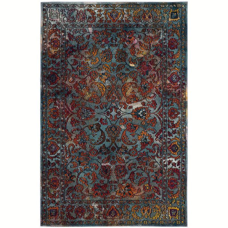 Light Blue and Orange Synthetic Rectangular 4' x 6' Area Rug