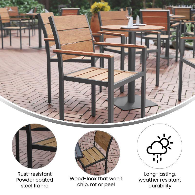 Flash Furniture Finch Commercial Grade Patio Chair with Arms, Stackable Side Chair with Faux Teak Poly Slats and Metal Frame