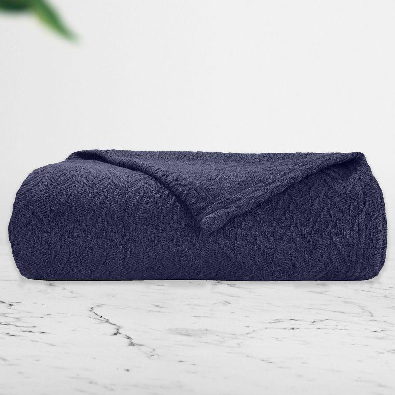 Bed Blanket | Soft 100% Cotton | Herringbone Design | All-Season Thermal Layering by California Design Den - Navy, Twin (62" x 94")