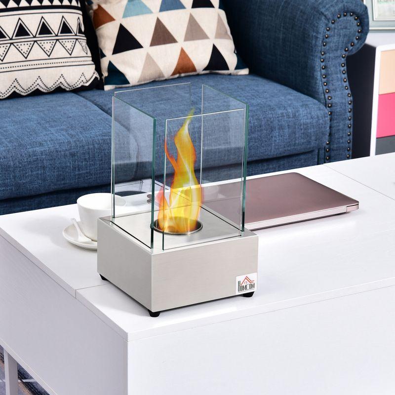 HOMCOM Ethanol Fireplace, 7.75" Tabletop 0.10 Gal Stainless Steel 160 Sq. Ft., Burns up to 2 Hours