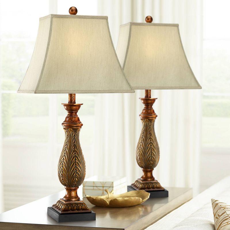 Regency Hill Traditional Table Lamps 29" Tall Set of 2 Two Tone Gold Leaf Linen Rectangular Bell Shade for Living Room Family Bedroom