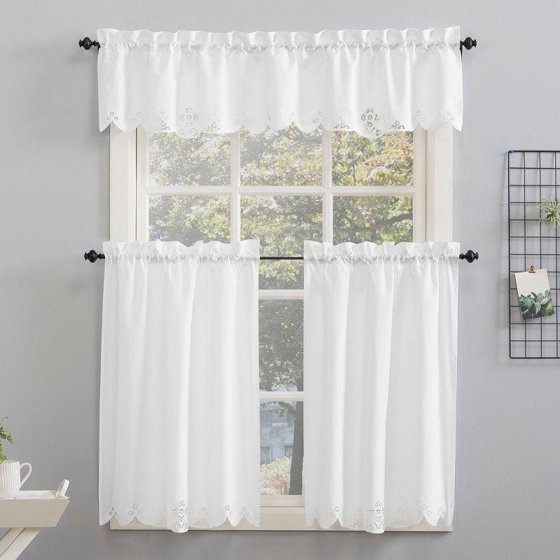 Mariela Floral Trim Semi-Sheer Rod Pocket Kitchen Window Valance and Tiers Set White - No. 918