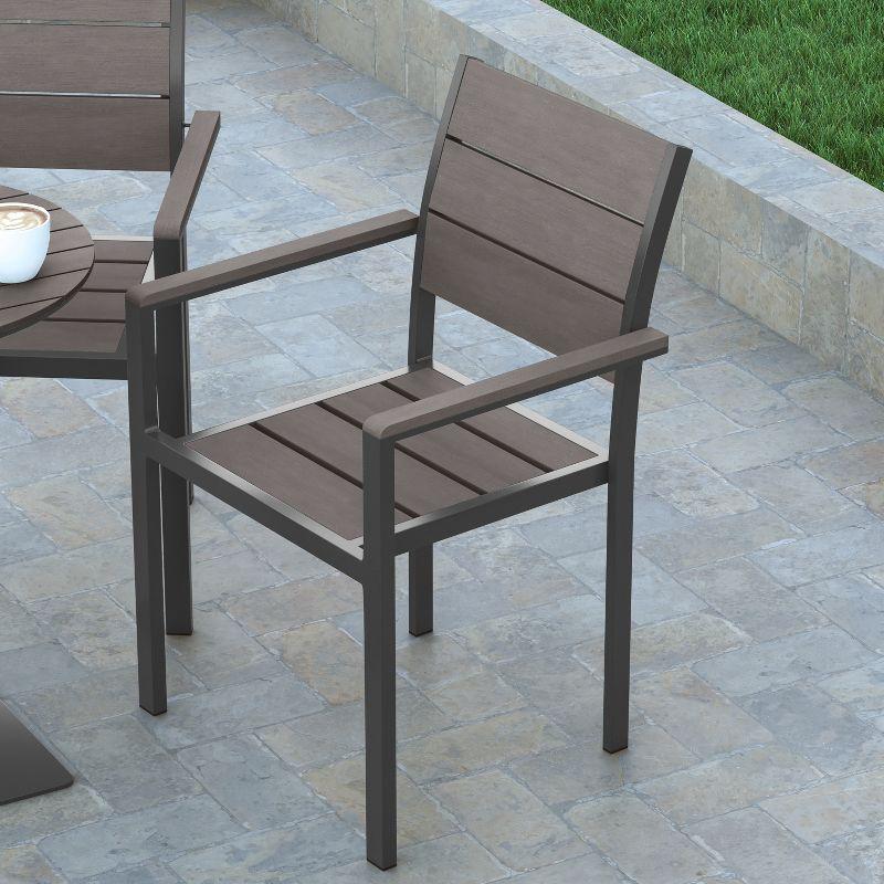 Emma and Oliver Outdoor Stacking Side Chair with Gray Faux Teak Poly Slat Seat, Back and Arms and Gray Metal Frame