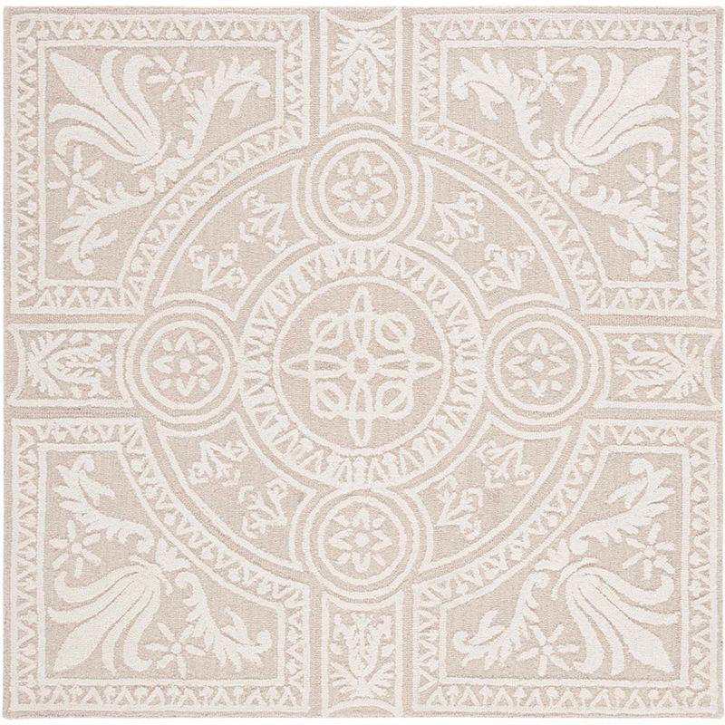 Ivory and Light Grey Floral Wool Tufted Square Rug