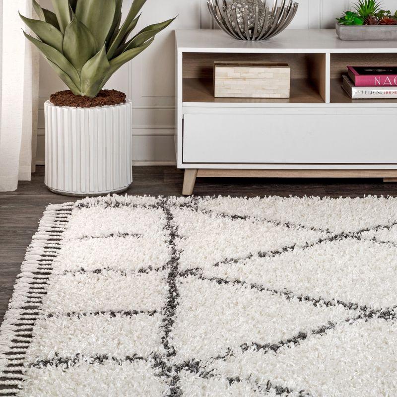 8'x10' Mercer Shag Plush Tassel Moroccan Geometric Trellis Area Rug, Cream/Grey - JONATHAN Y