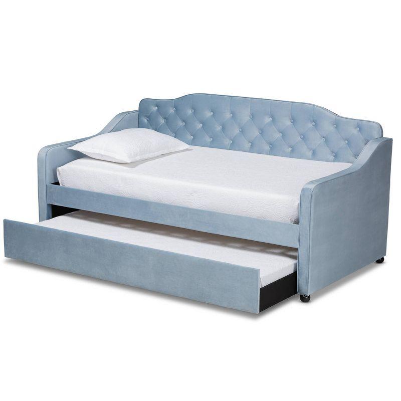 Twin Freda Velvet Tufted Daybed with Trundle Light Blue - Baxton Studio: Upholstered, Mid-Century Modern, No Box Spring Required
