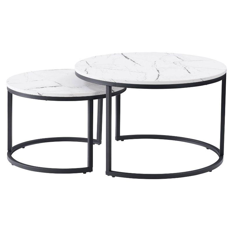 Set of 2 Marbled Finish Forth Worth Round Nesting Coffee Table White - CorLiving: Black Metal Legs, Accent Furniture