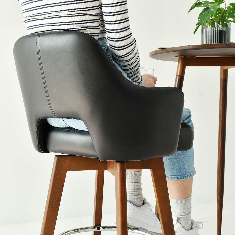 26.5" Edward Armrest Black Faux Leather Thick Seat 360° Swivel Counter Height Barstool Combine with Rubberwood Legs and Silver Footrest-Maison Boucle
