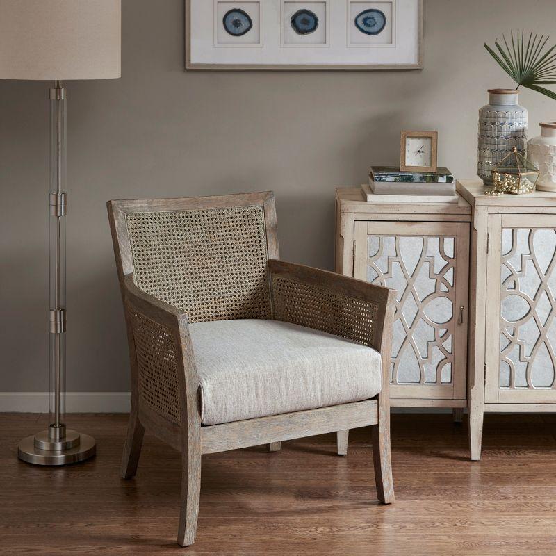 Madison Park Paulie Accent Chair Cream/Reclaimed Natural: Upholstered Wingback, Rubberwood Frame