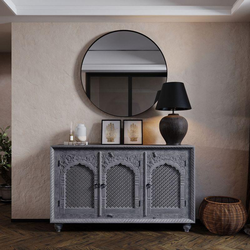 Gray Distressed Handmade Wooden Sideboard with Carved Doors