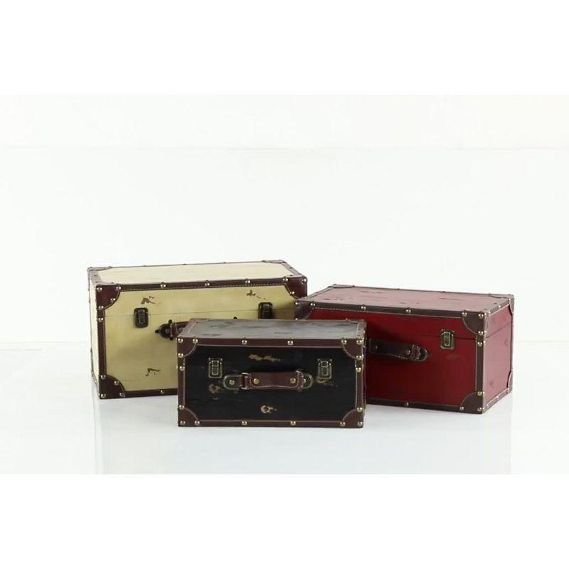 Set of 3 Multicolor Wood and Leather Storage Trunks